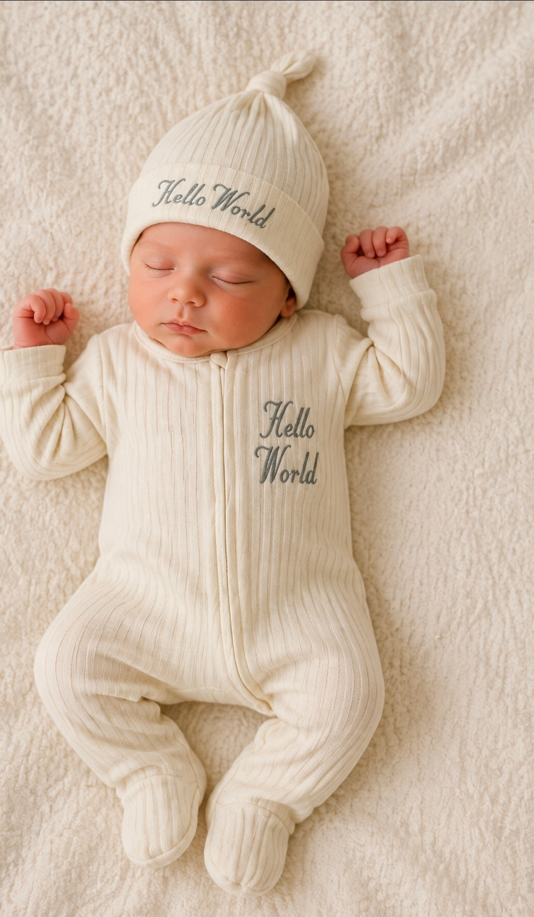 Unisex Baby Marshmellow Hello World Zip Up Sleepsuit And Hat