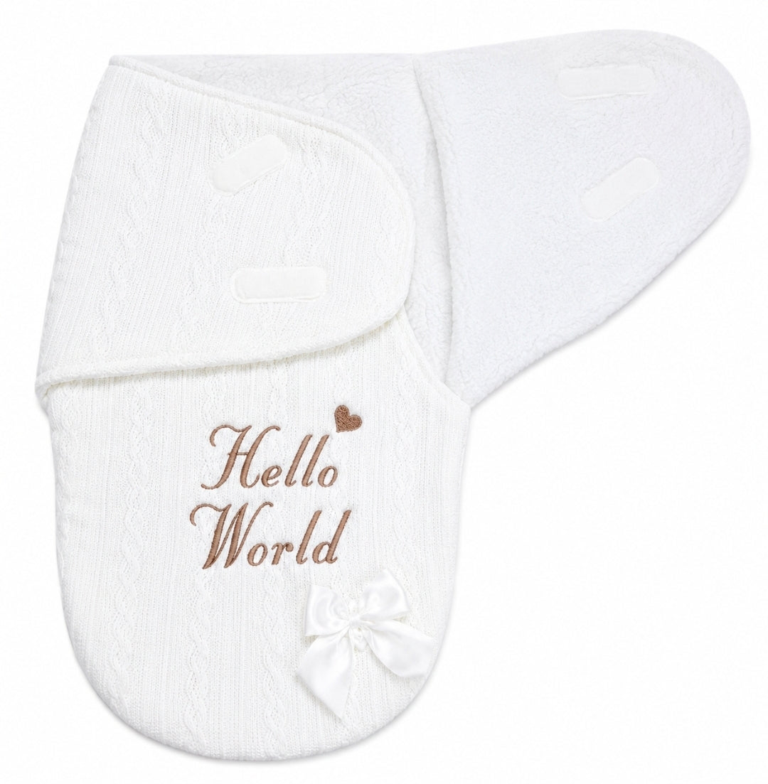 White Cable Design Swaddle With Hello World In Beige Embroidery