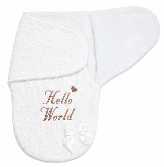 White Cable Design Swaddle With Hello World In Beige Embroidery