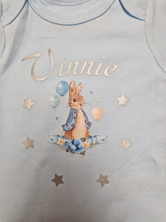 Baby Boys Personalised Blue Printed Rabbit And Stars Vest