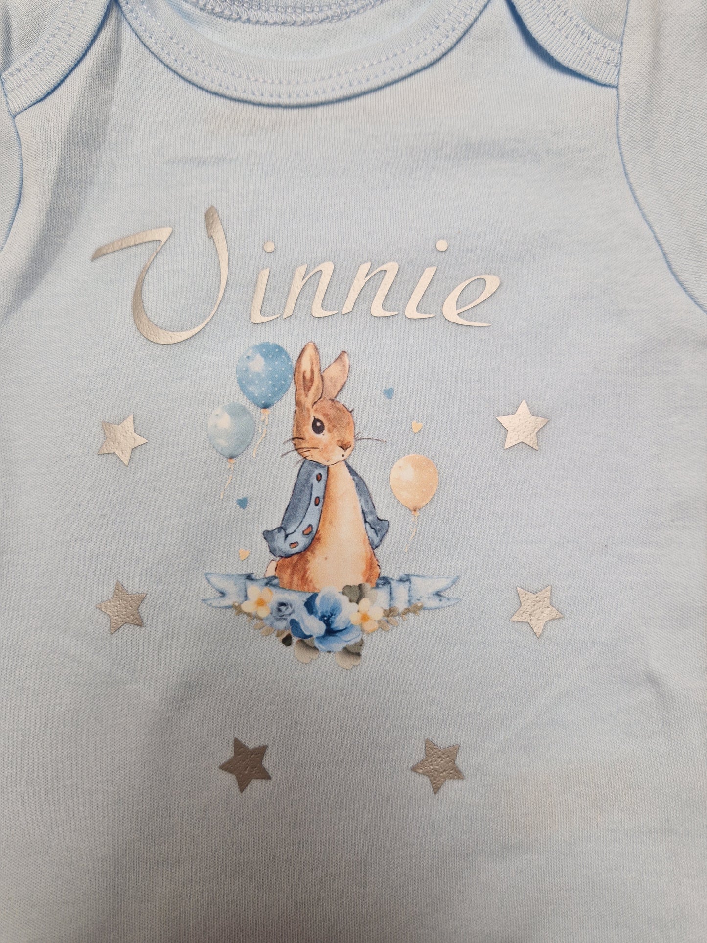 Baby Boys Personalised Blue Printed Rabbit And Stars Vest