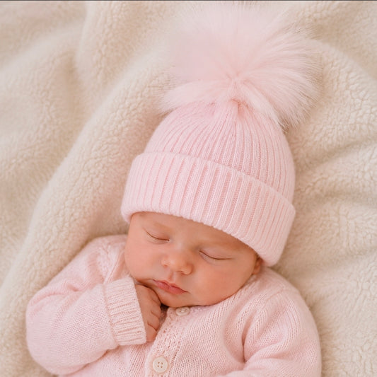 Baby Pink Knitted Single Pink Fluffy Faux Fur Pom Hat