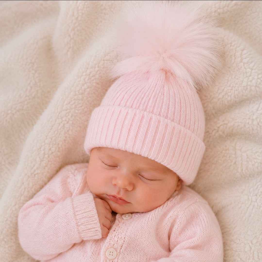 Baby Pink Knitted Single Pink Fluffy Faux Fur Pom Hat