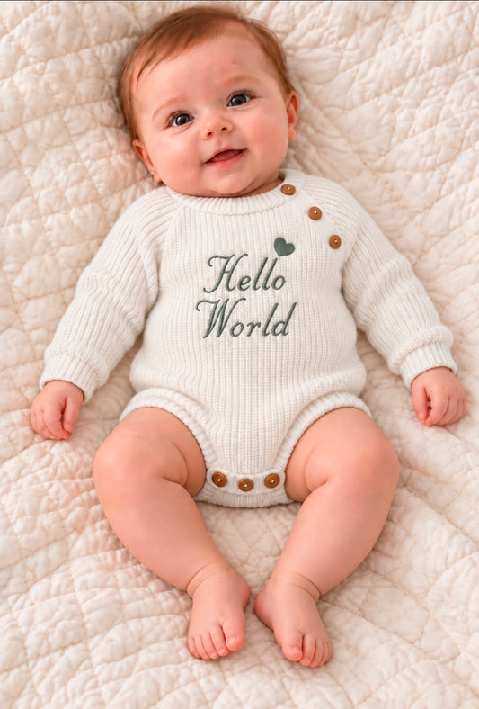 Unisex Baby White Knitted Romper With Sage Green Hello World