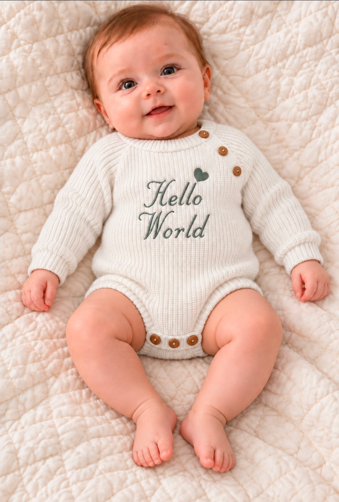 Unisex Baby White Knitted Romper With Sage Green Hello World