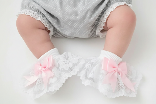 Baby Girls White Frilly Socks With Pink Ribbon