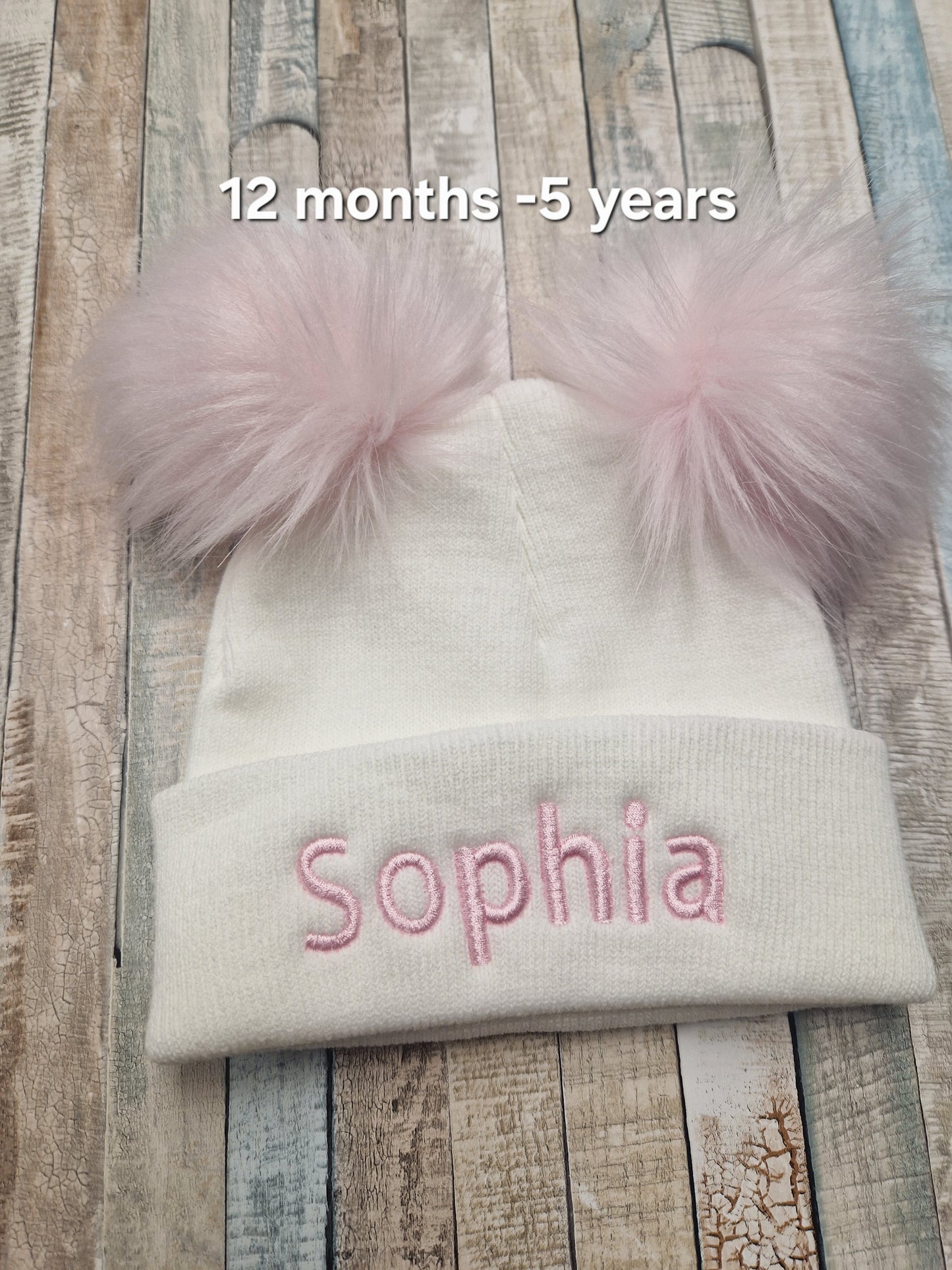 Personalised Baby White Knitted Double Pink Fluffy Faux Fur Pom Hat
