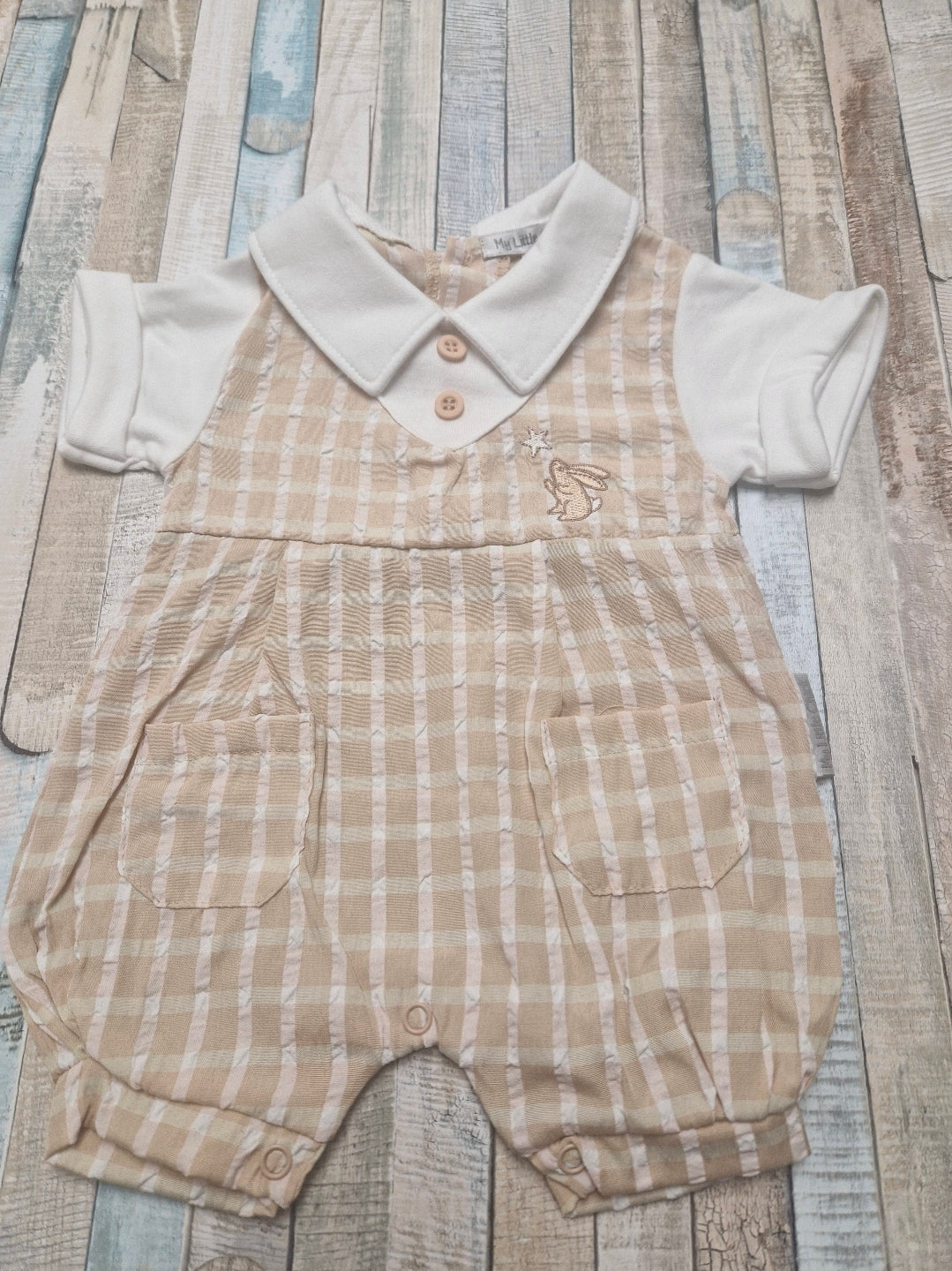Baby Boys Beige And White Checked Rabbit Romper