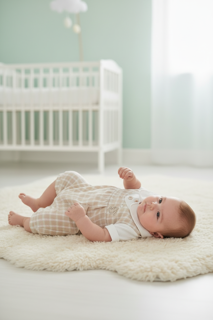 Baby Boys Beige And White Checked Rabbit Romper