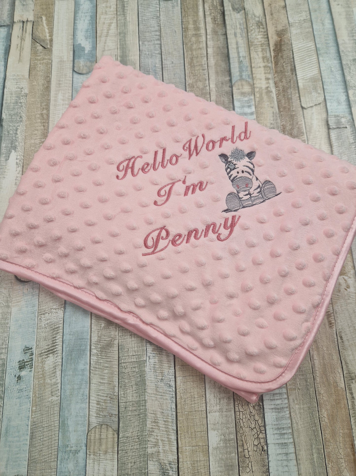 Personalised Hello World Pink Dimple Wrap With Pink Zebra Embroidered Design