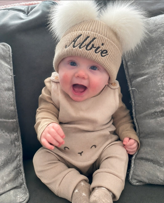 Personalised Baby Beige Double Fluffy Faux Fur Pom Knitted Hat