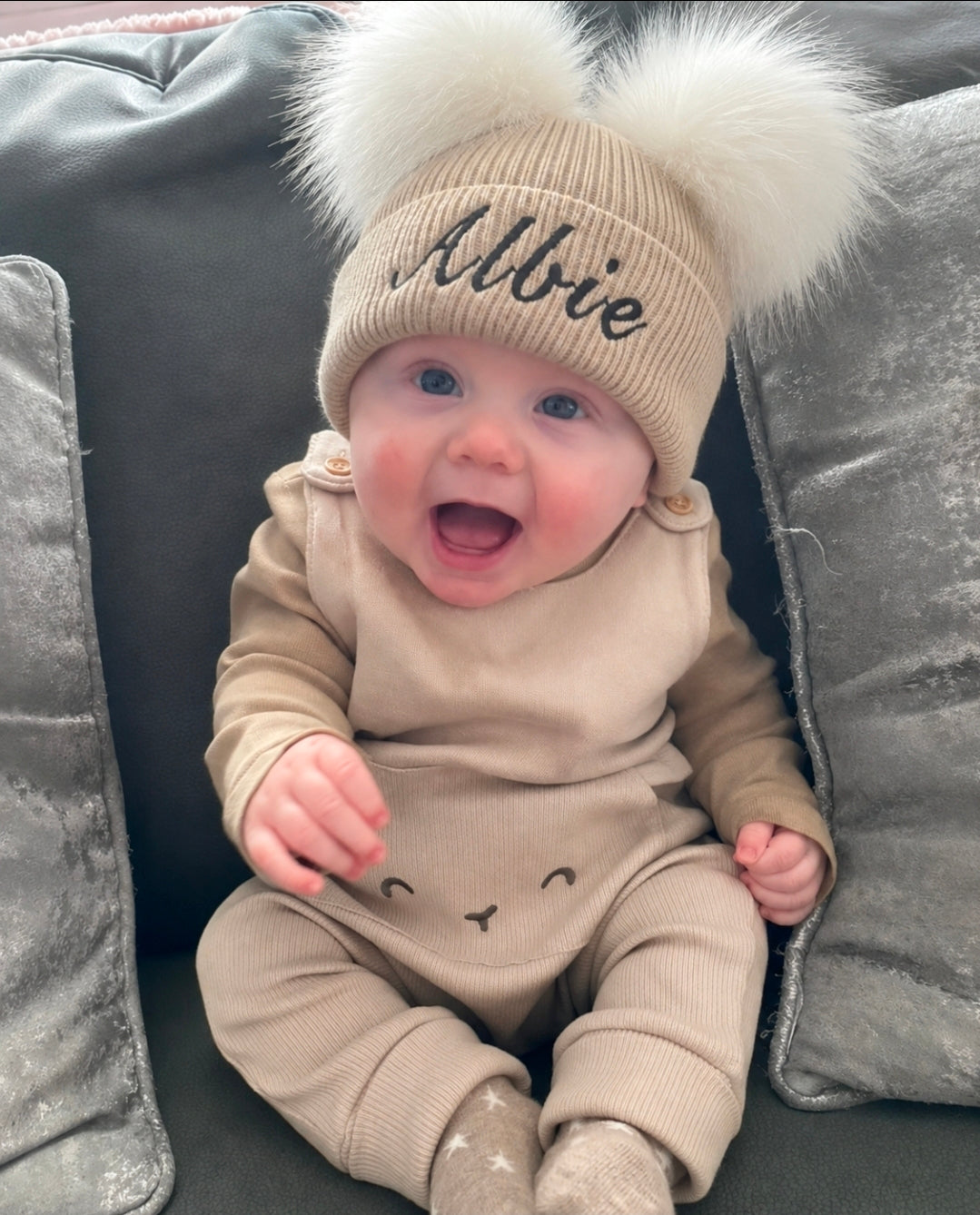 Personalised Baby Beige Double Fluffy Faux Fur Pom Knitted Hat