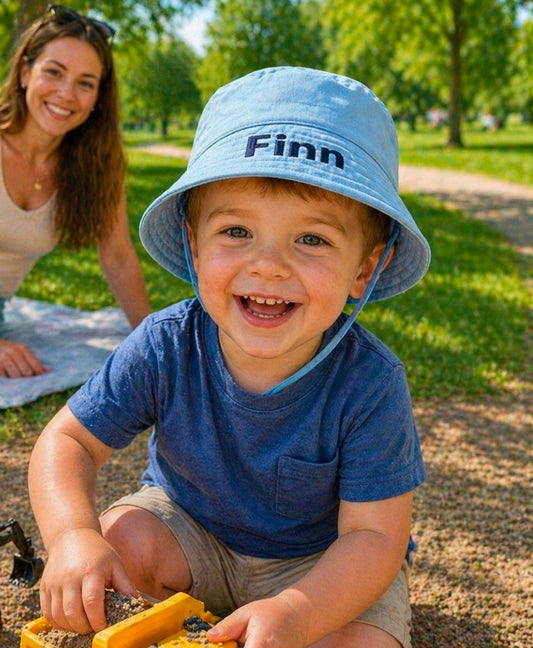 Personalised Baby Boys Blue Bucket Hat With Chin Strap