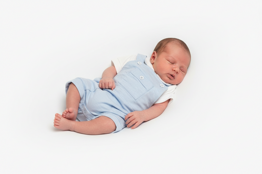 Baby Boys Blue And White 2 Piece Dungaree Short Set With Pocket