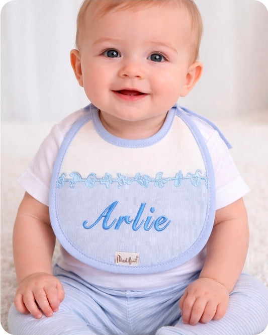 Baby Boys Personalised White And Blue Tie Bib