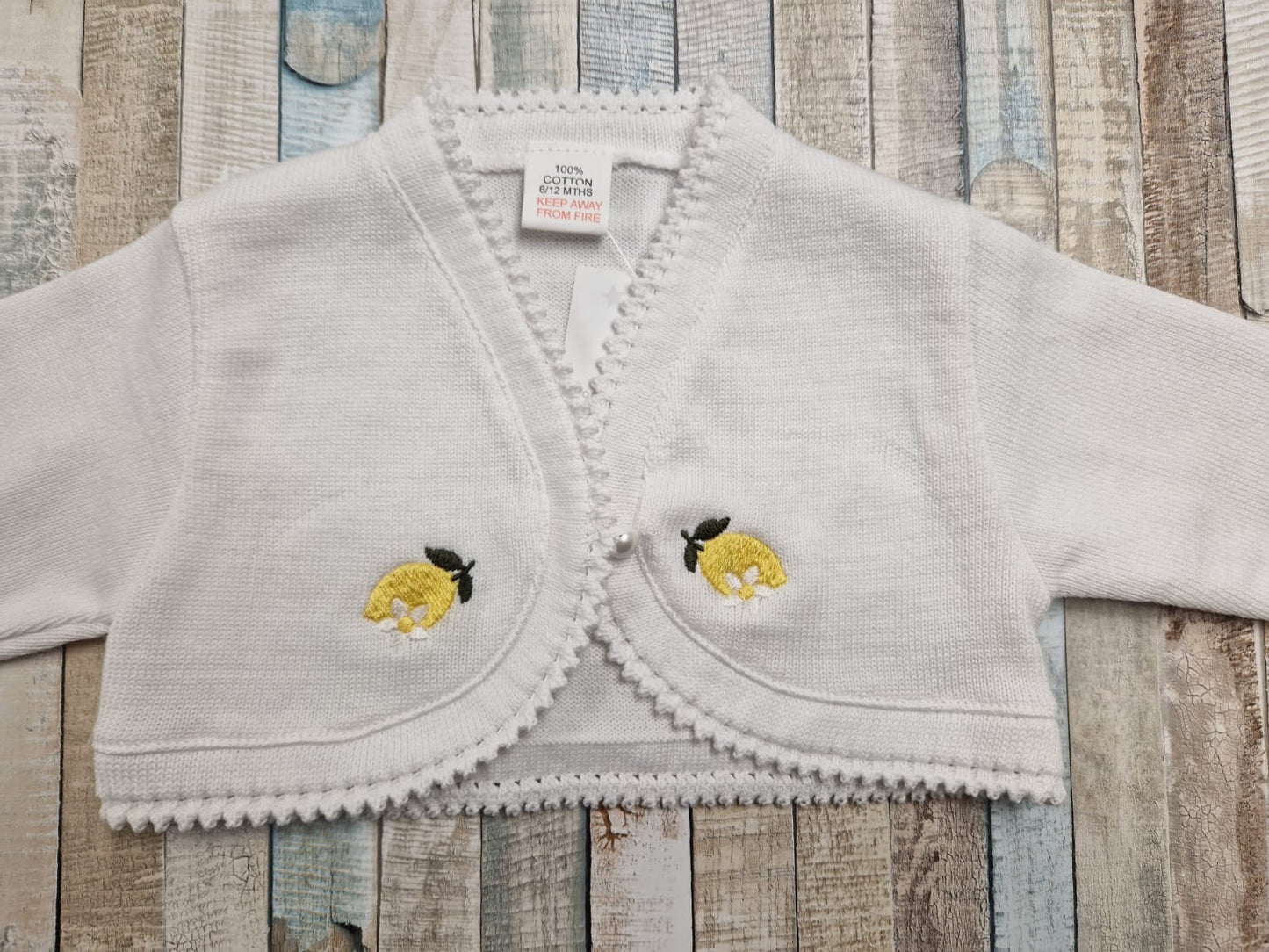 Baby Girls White Bolero Cardigan With Embroidered Lemon Design
