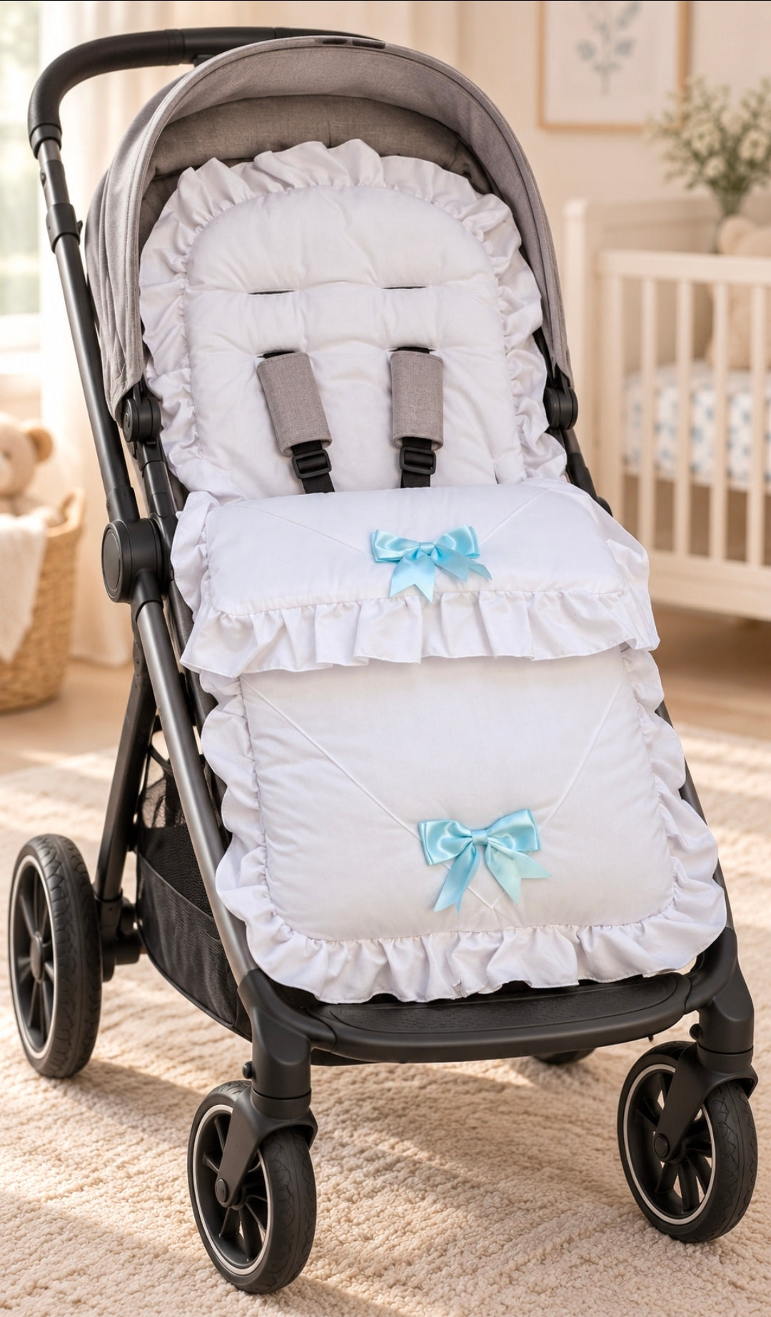 Baby White And Blue 2 Satin Bow Universal Pushchair Footmuff/Cosytoes