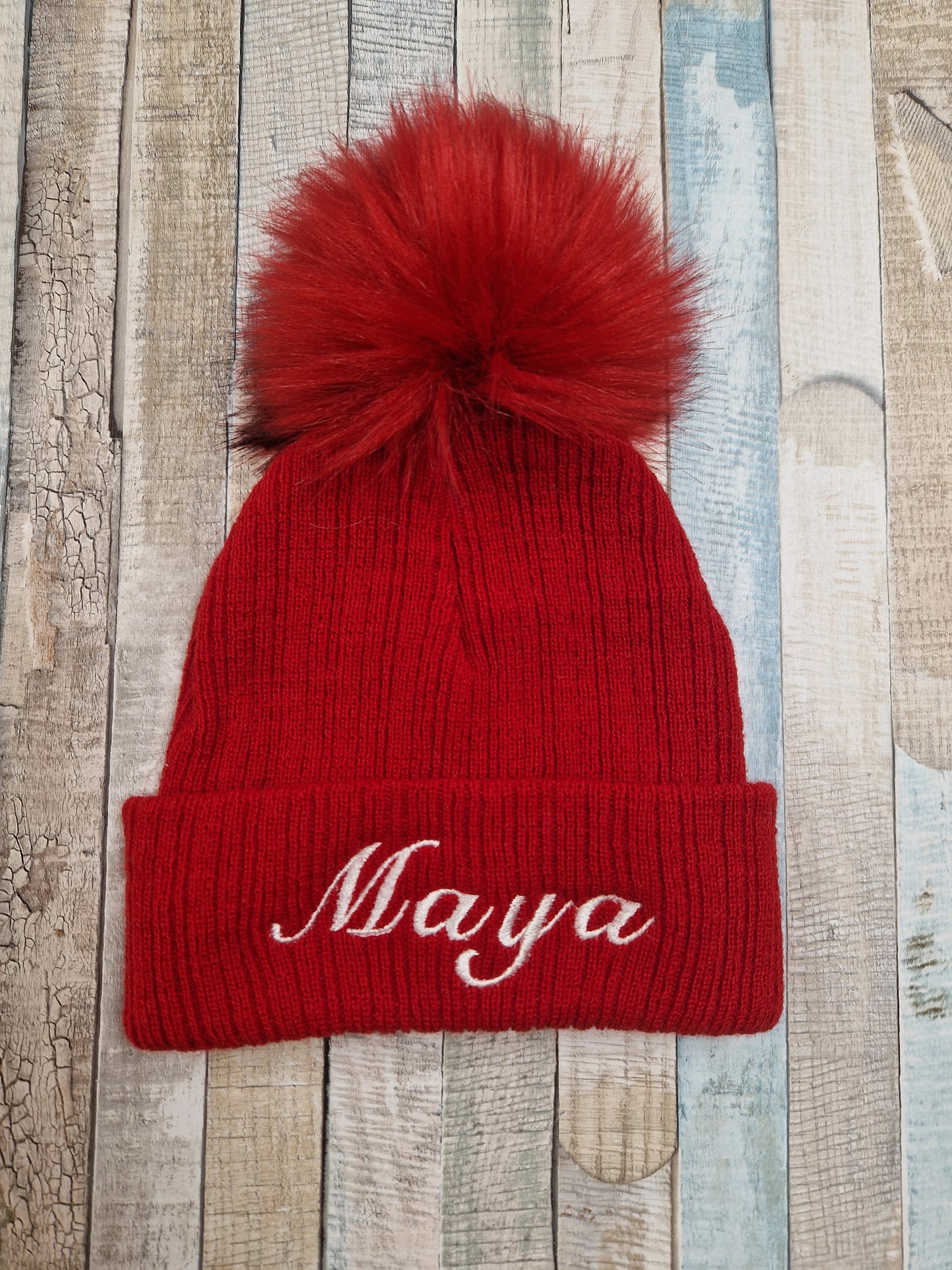 Personalised Baby Red Knitted Single Red Fluffy Faux Fur Pom Hat