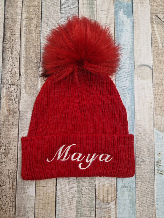Personalised Baby Red Knitted Single Red Fluffy Faux Fur Pom Hat