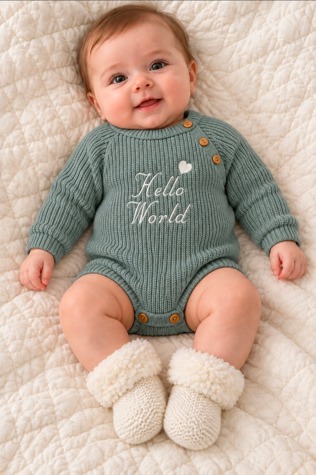 Unisex Baby Sage Knitted Romper With White Hello World