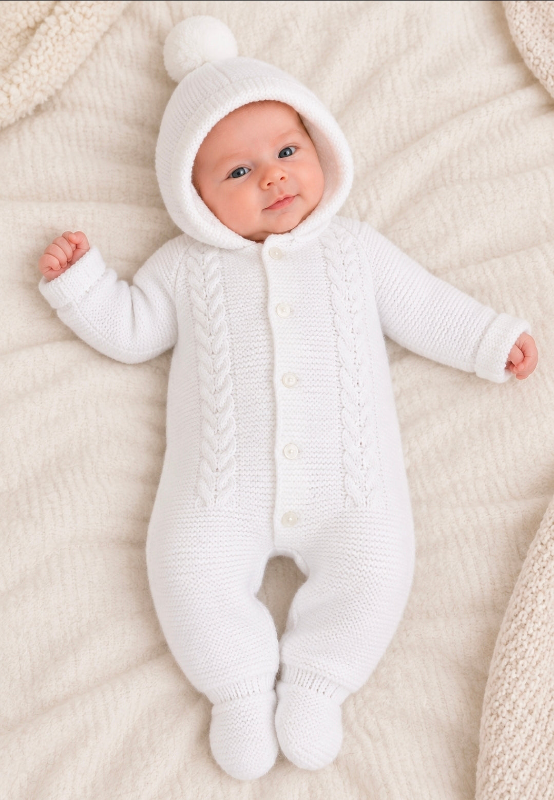Unisex Baby White Cable Knit Hooded Pramsuit