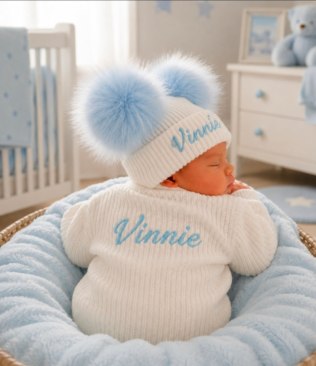 Personalised Baby White Knitted Double Blue Fluffy Faux Fur Pom Hat