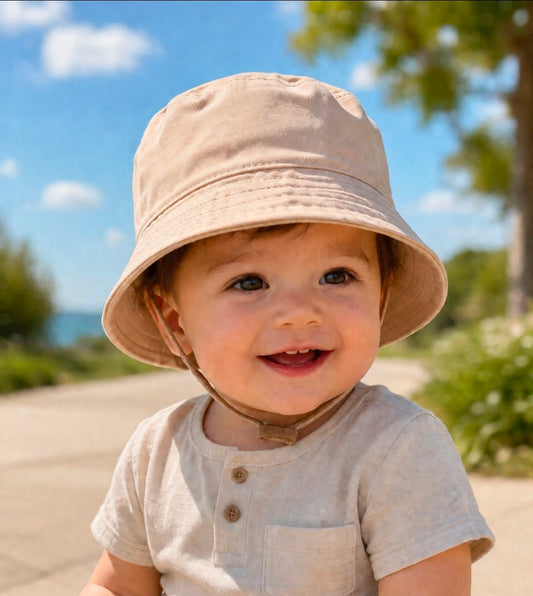 Boys Plain Beige Bucket Hat With Chin Strap