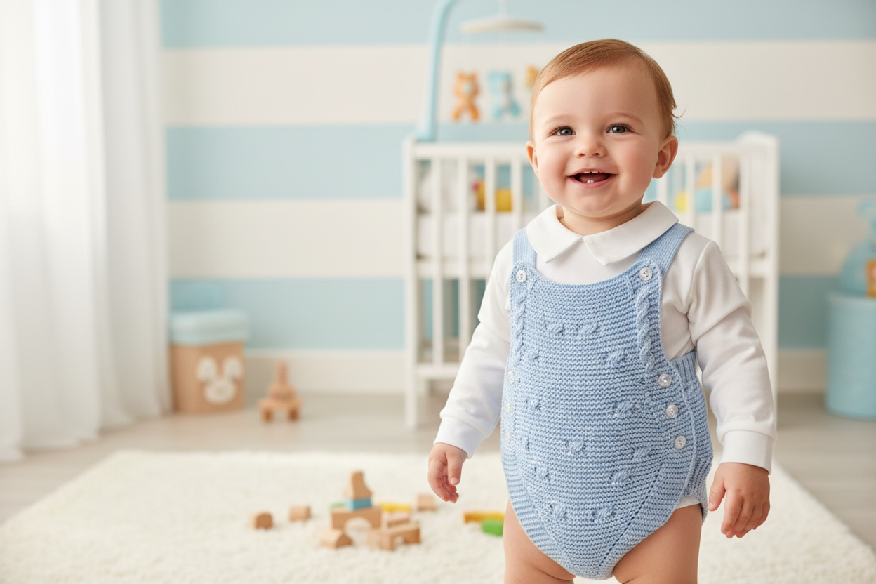 Baby Boys Blue 2 Piece Fancy Knitted Dungaree Romper Set