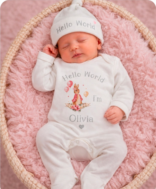 Baby Girls Newborn White Personalised Babygro With Printed Hello World  Pink Rabbit
