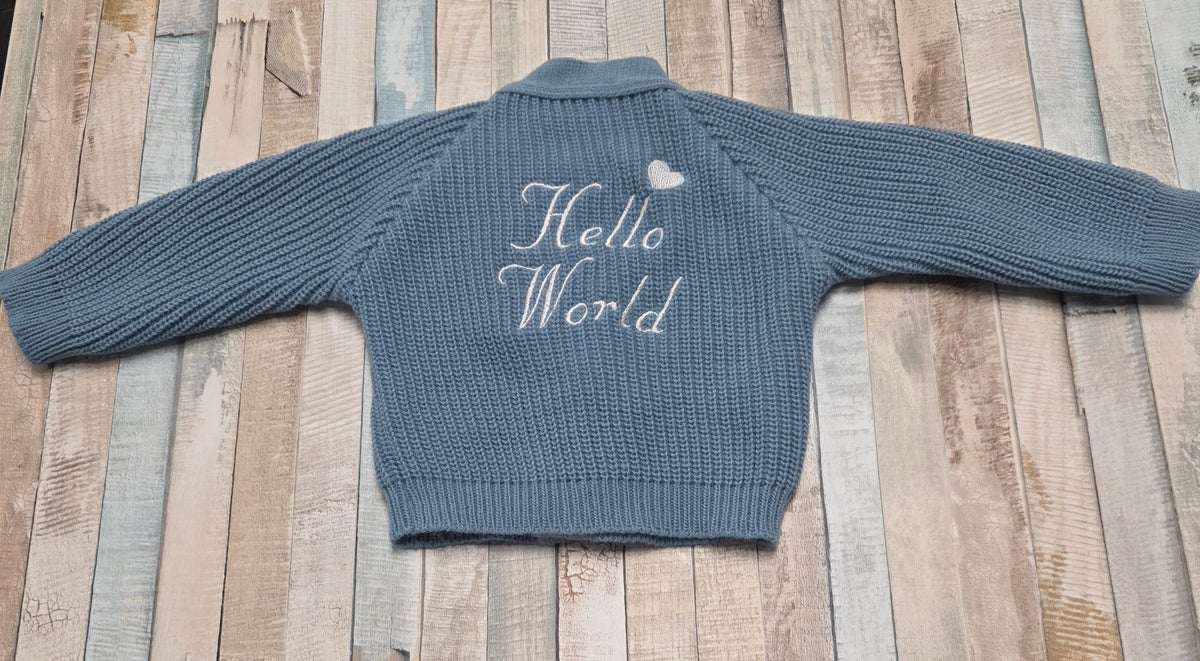 Baby Boys Dusky Blue Hello World Ribbed Cardigan