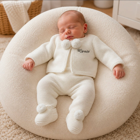Personalised Unisex Baby White Knitted Pom Pom Set