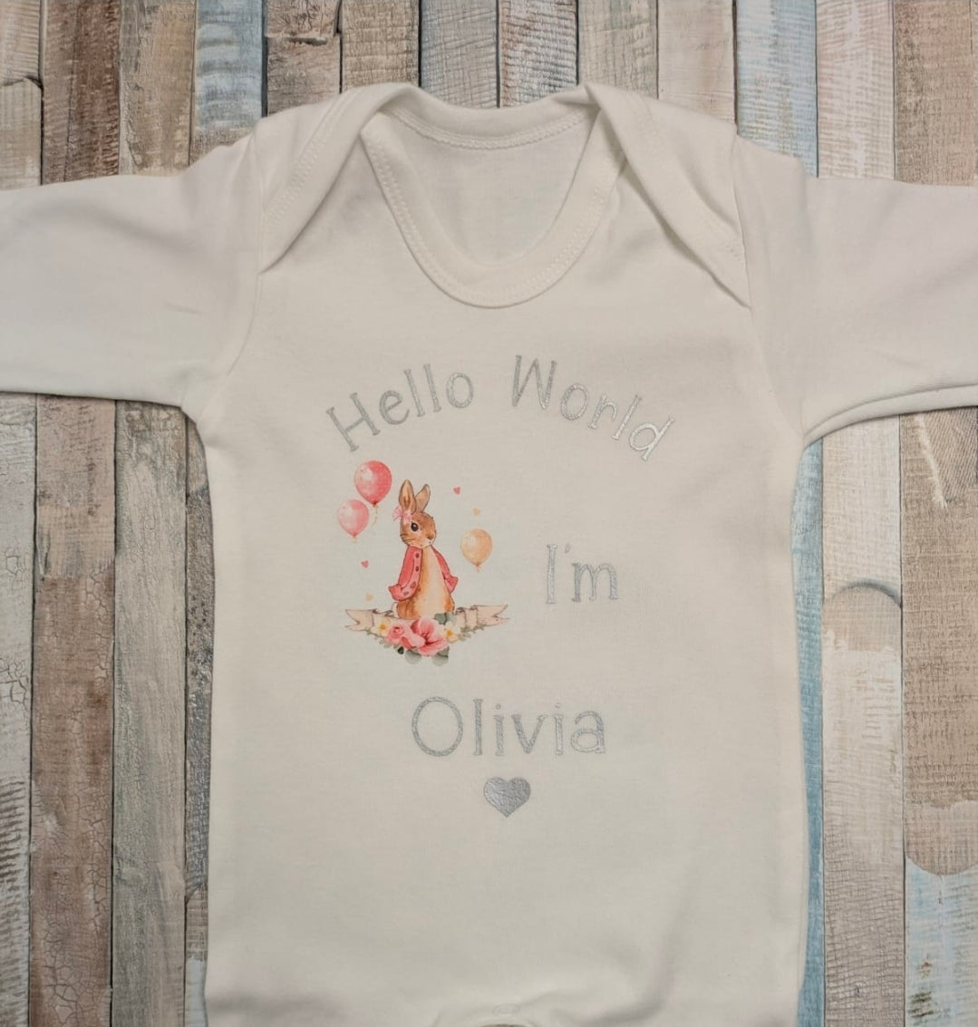 Baby Girls Newborn White Personalised Babygro With Printed Hello World  Pink Rabbit