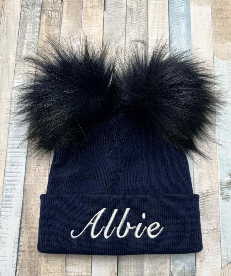 Personalised Baby Navy Knitted Double Navy Fluffy Faux Fur Pom Hat