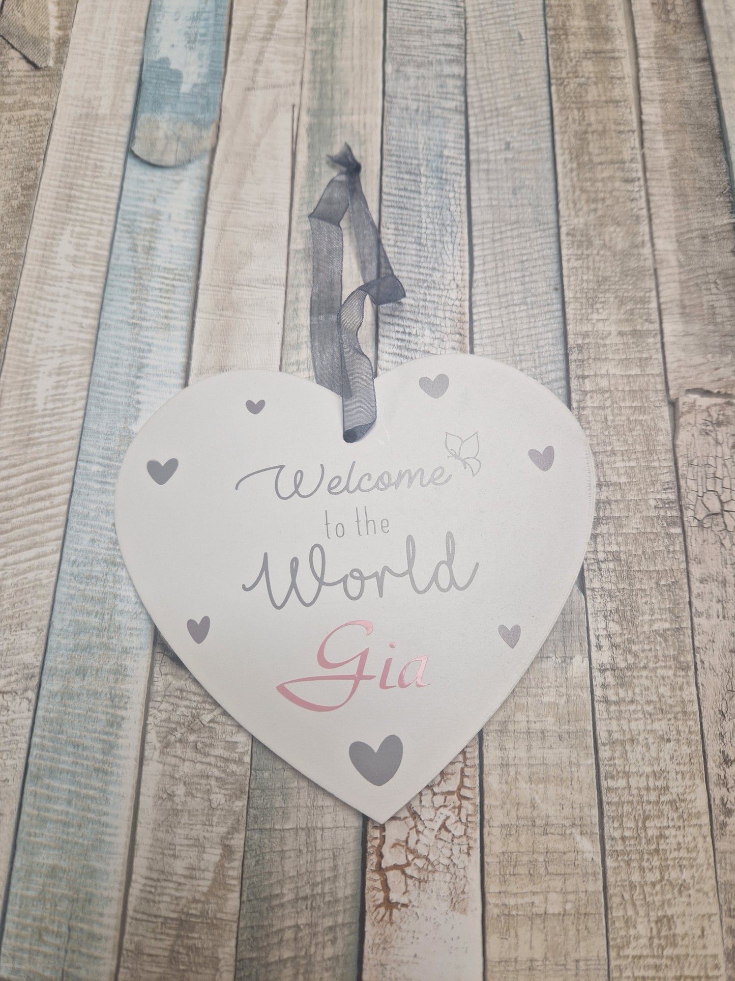 Personalised White And Grey Heart Shaped Welcome To The World Hanging Disc