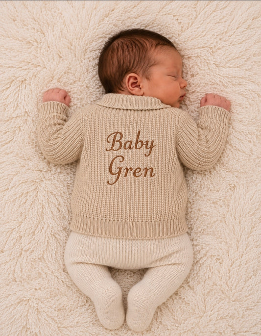 Unisex Baby Beige Personalised Baby And Name V Neck Ribbed Cardigan