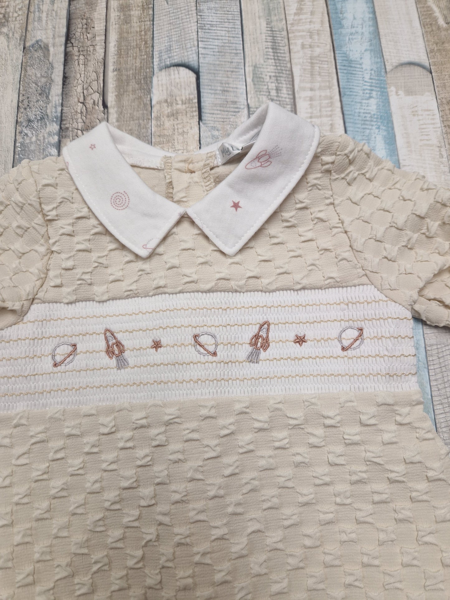 Baby Boys Beige Space Design Smocked Babygro