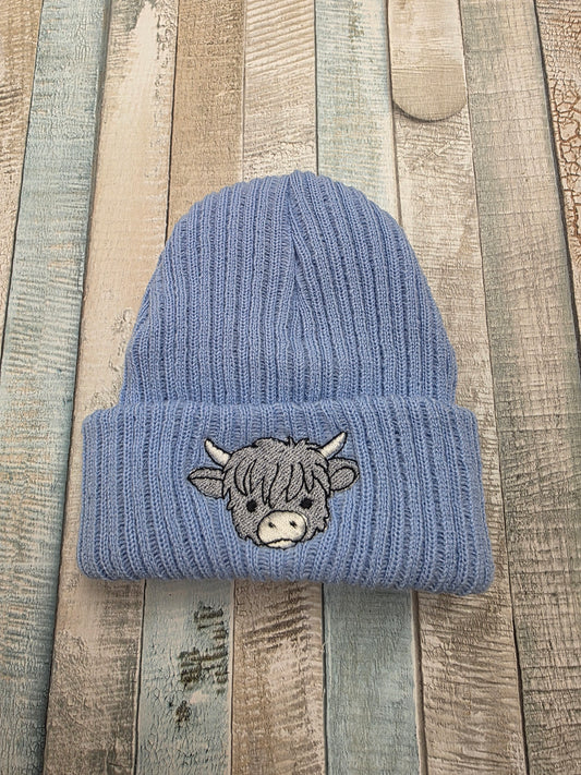 Baby Boys Medium Blue Highland Cow Newborn Beanie Hat
