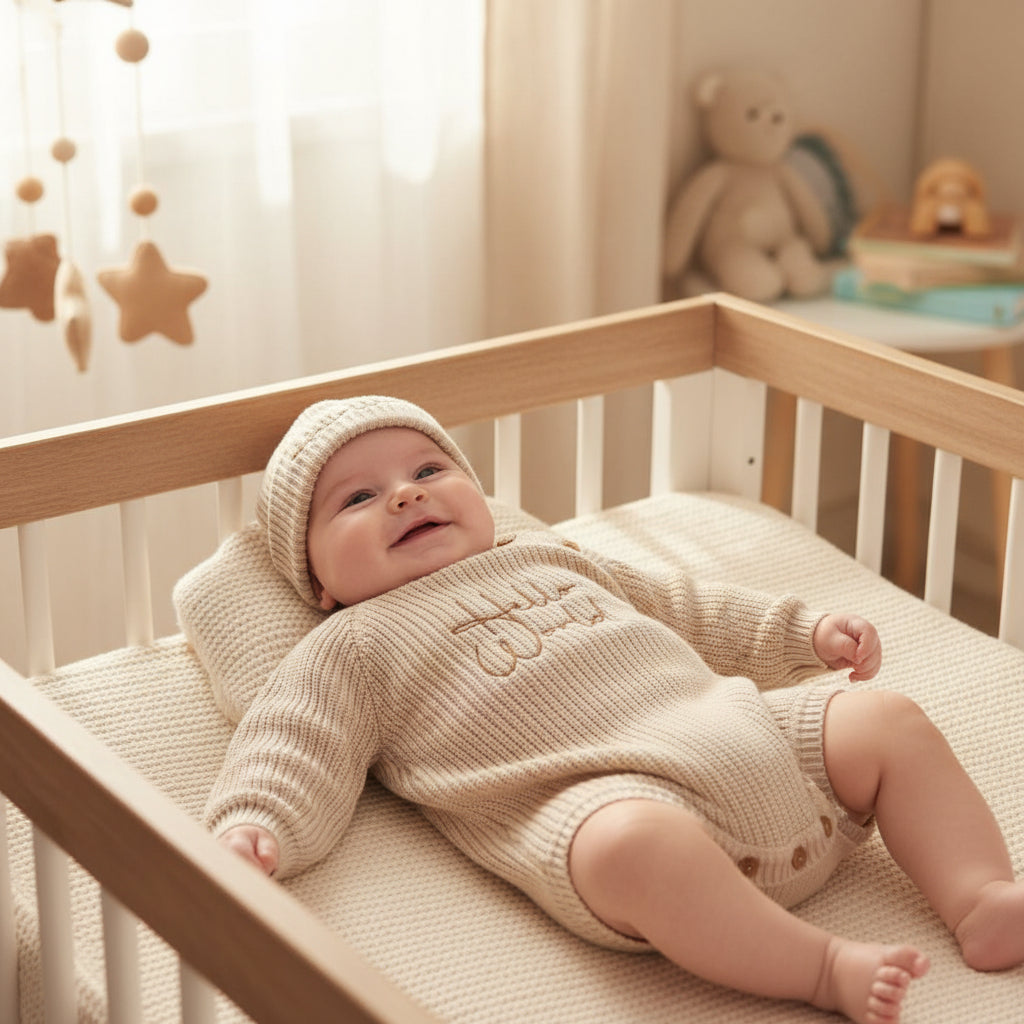 Unisex Baby Beige Knitted Hello World Romper And Beanie Hat