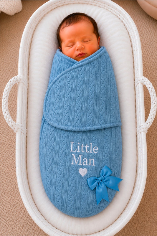 Baby Boys Little Man Dusky Blue Cable Swaddle