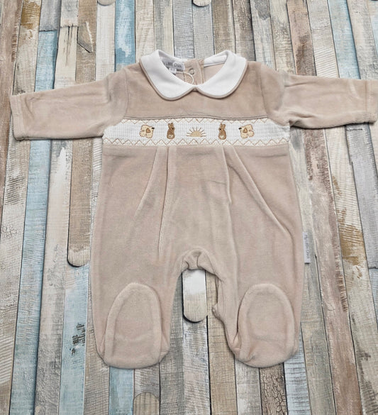 Unisex Baby Beige Velour Rabbit Babygro