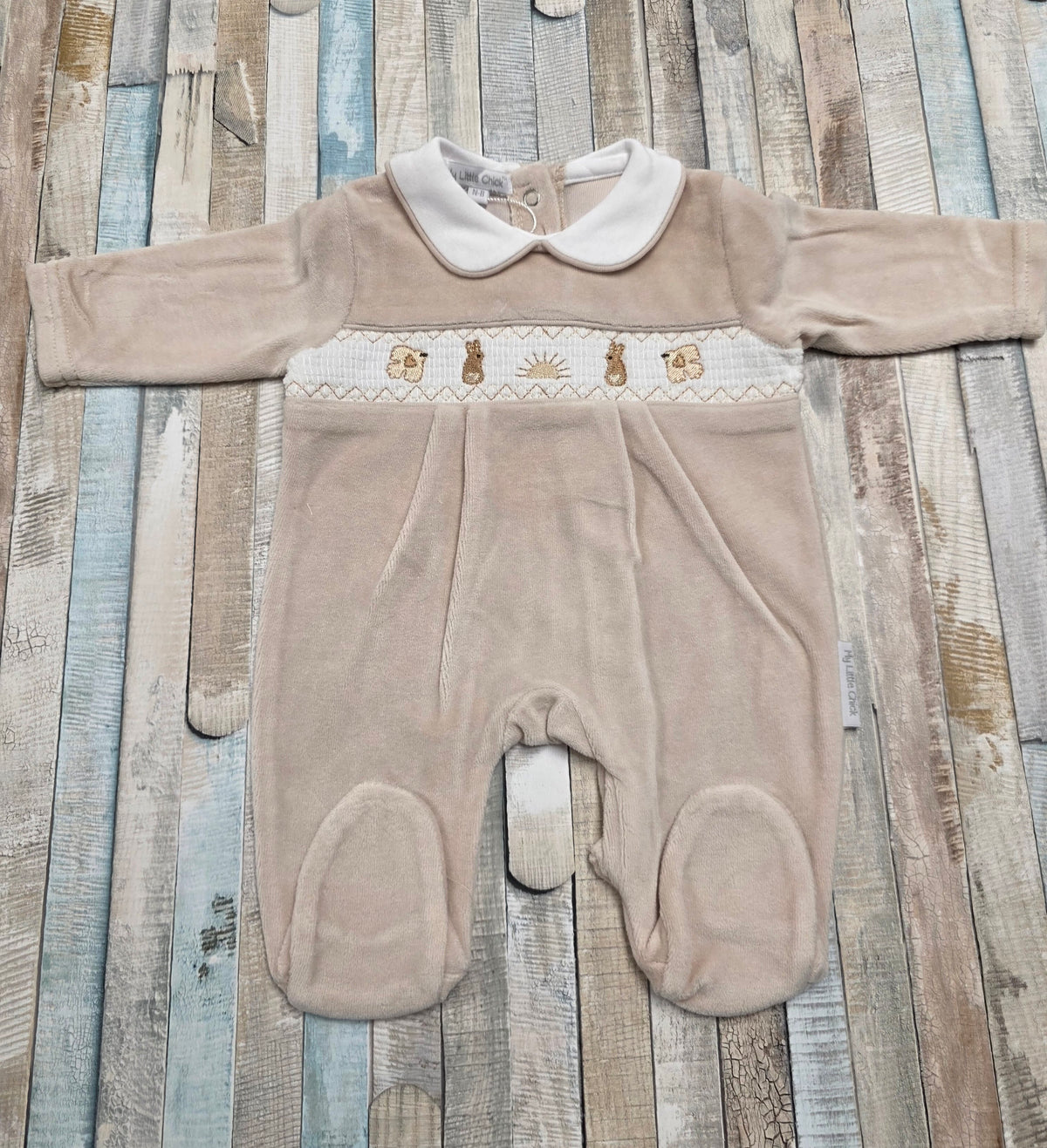 Unisex Baby Beige Velour Rabbit Babygro