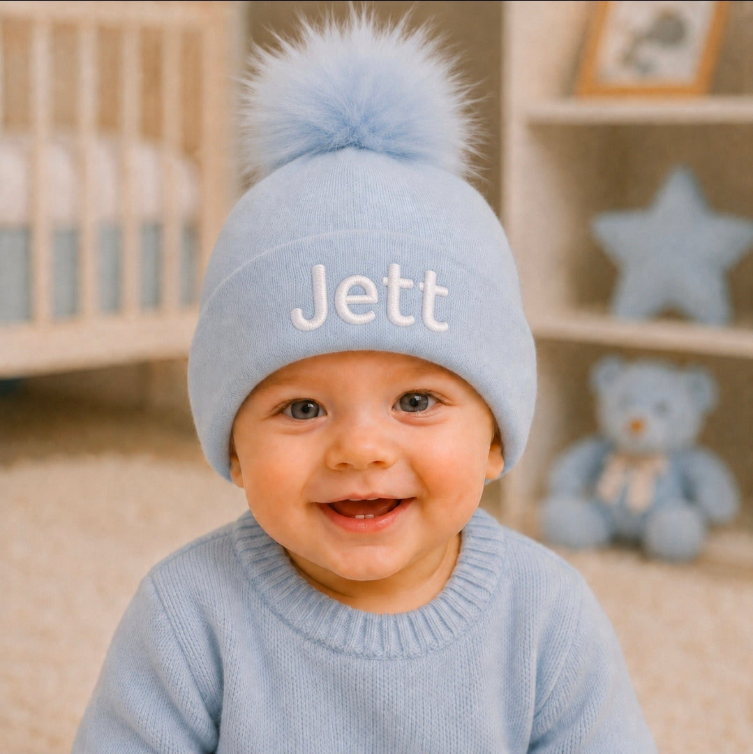 Personalised Baby Blue Knitted Single Blue Fluffy Faux Fur Pom Hat