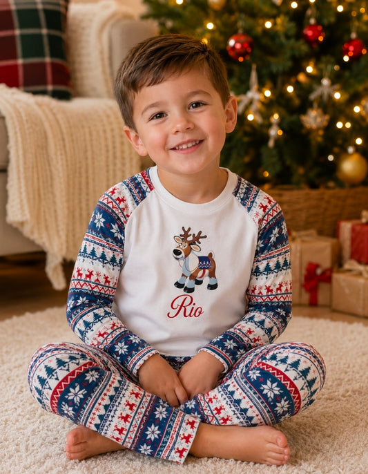 Personalised Red And Blue Christmas Design Pyjamas