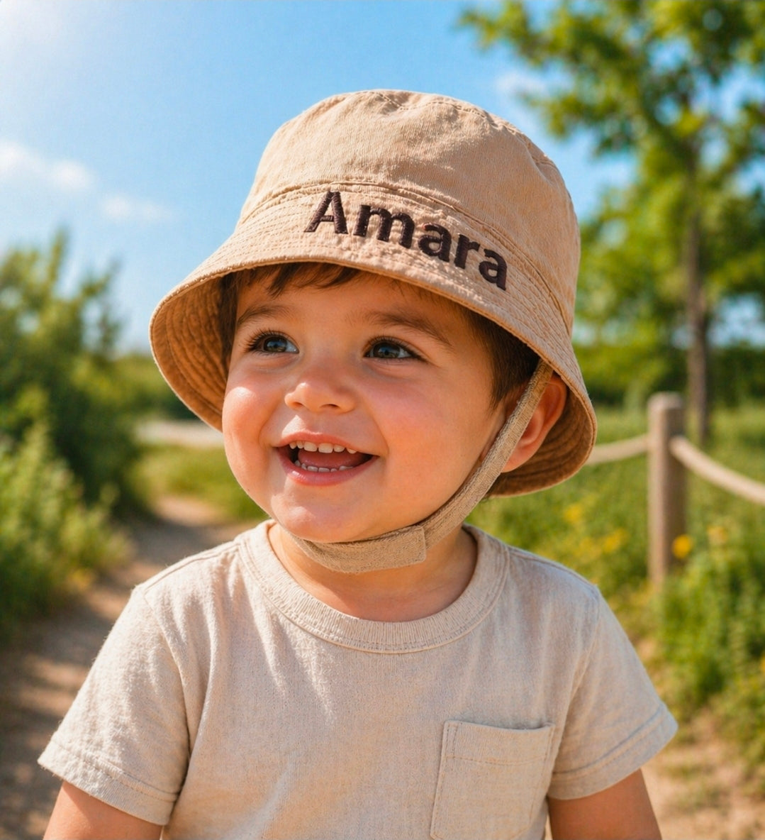 Personalised Boys Beige Bucket Hat With Chin Strap