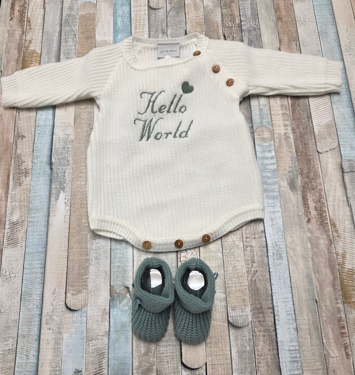 Unisex Baby White Knitted Romper With Sage Green Hello World