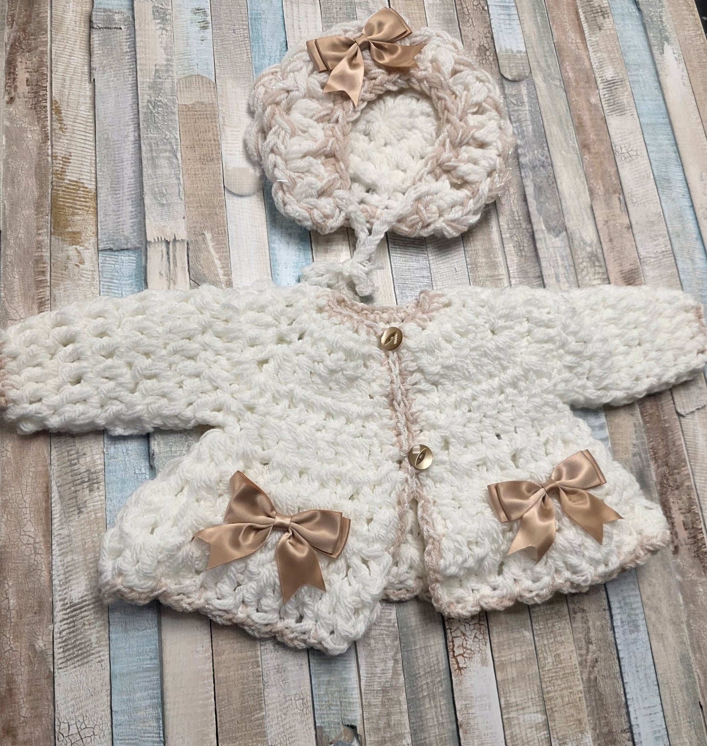 Baby Girls White And Beige Crochet Cardigan And Bonnet