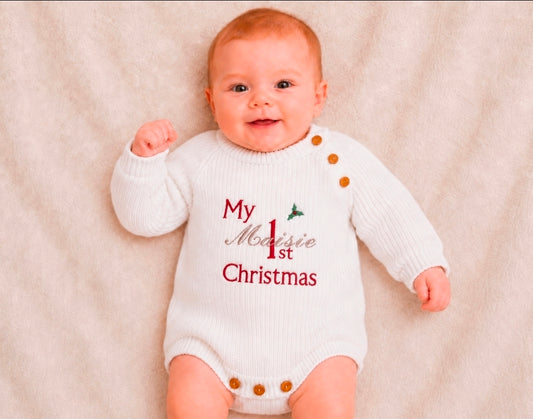 Unisex Baby Personalised 1ST Christmas Holly Romper