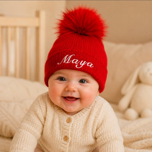 Personalised Baby Red Knitted Single Red Fluffy Faux Fur Pom Hat