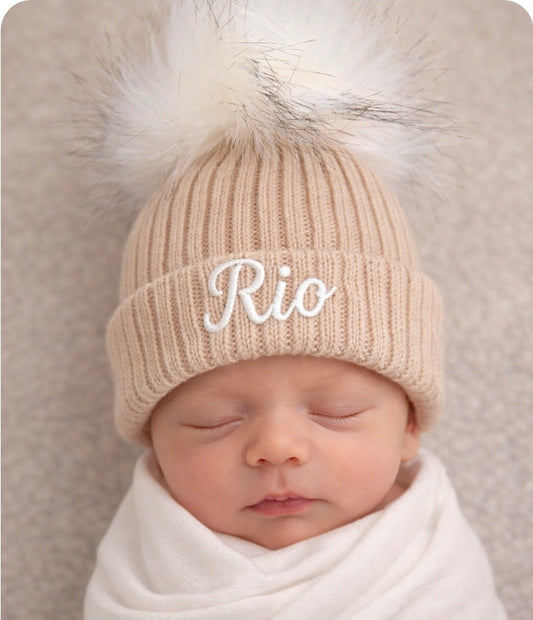 Personalised Baby Beige Single Fluffy Faux Fur Pom Knitted Hat