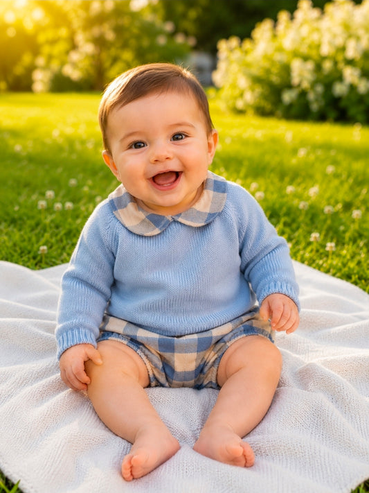 Baby Boys Blue And Cream Top and Jam Pants Set With Checked Trim And Pants